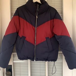 Divided geometric color block puffer coat